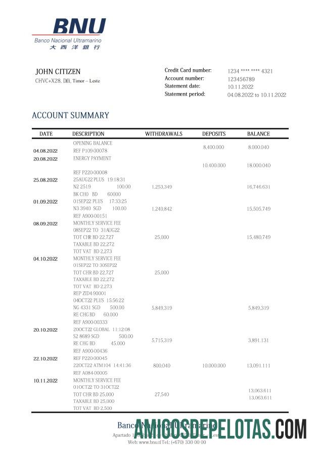Timor Leste BNU Bank Statement examplo